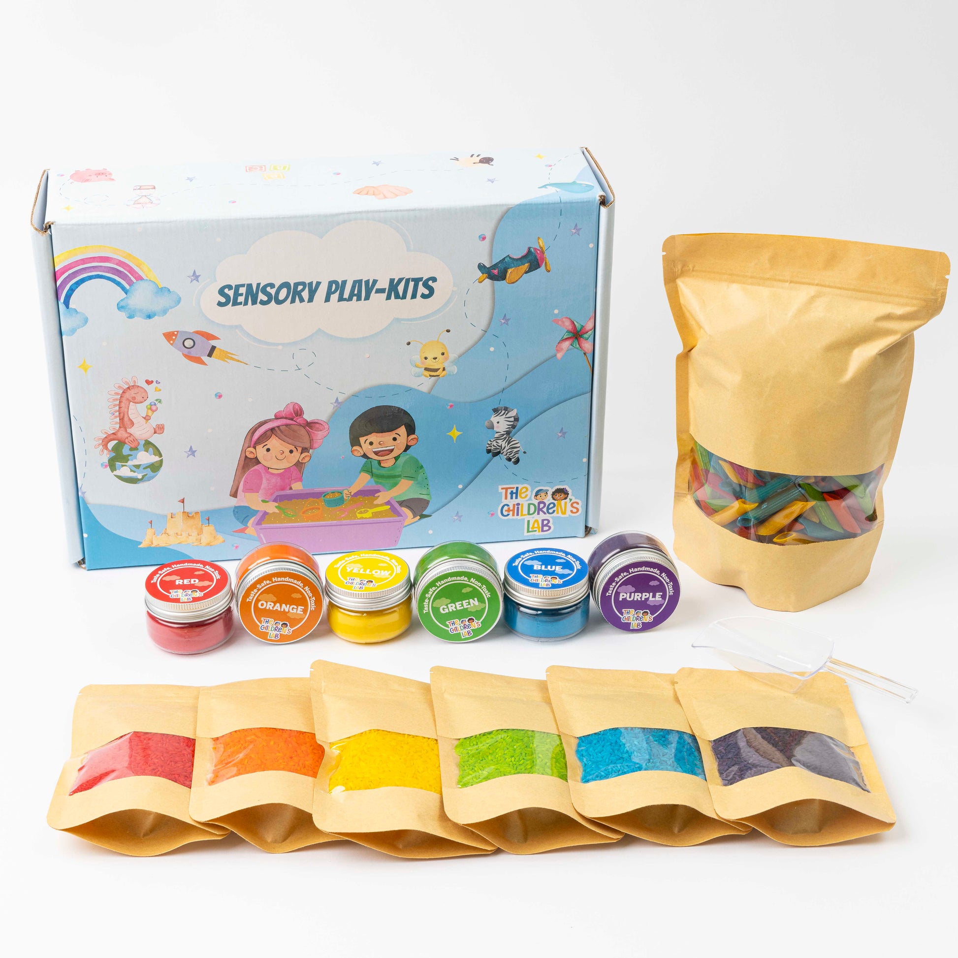 The Children’s Lab Sensory Starter Combo Bin with sensory rice, pasta, and taste‑safe clay for kids 1–4 years