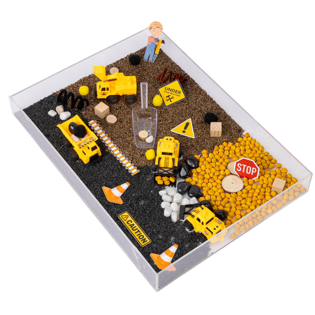 The Children’s Lab Construction Sensory Bin with mini trucks, roads builder kit for imaginative Montessori construction play
