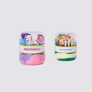 Bottom compartment filled with soft, sparkly, marbled pink and purple playdough.