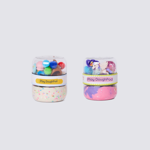 Bottom compartment filled with soft, sparkly, marbled pink and purple playdough.