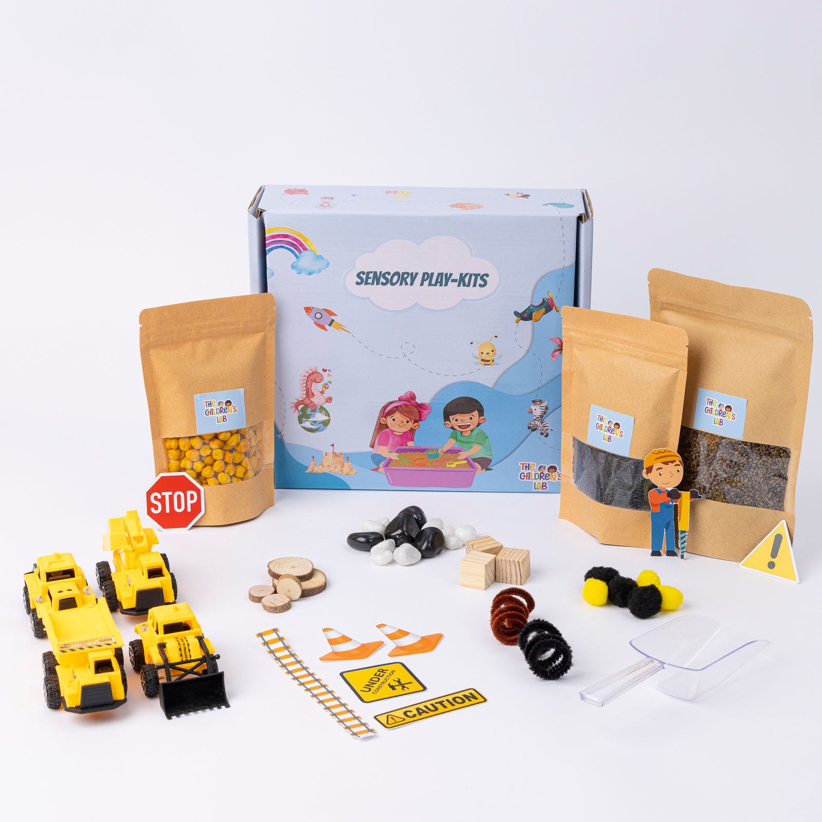 The Children’s Lab Construction Sensory Bin with mini trucks, roads builder kit for imaginative Montessori construction play